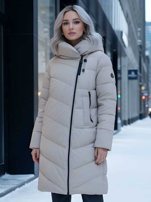 Пальто зимнее утепленное с капюшоном женское бежевого цвета 1318B