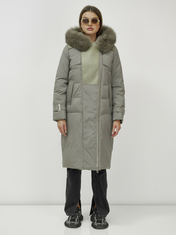 Пальто зимнее женское с мехом и овчиной премиум класса цвета хаки 3113Kh