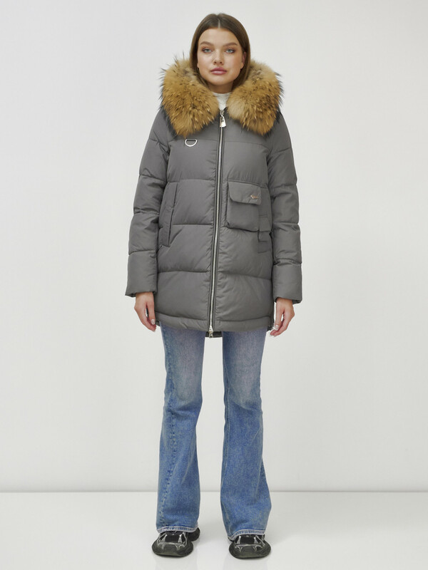 Куртка женская зимняя с мехом енот премиум класса темно-серого цвета 3146TC