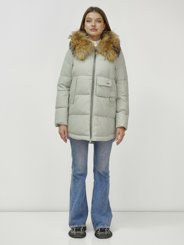 Куртка женская зимняя с мехом енот премиум класса светло-зеленого цвета 3146ZS