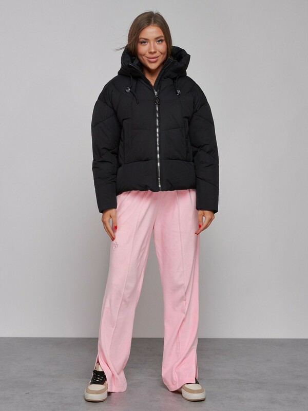 Зимняя женская куртка модная с капюшоном черного цвета 512305Ch