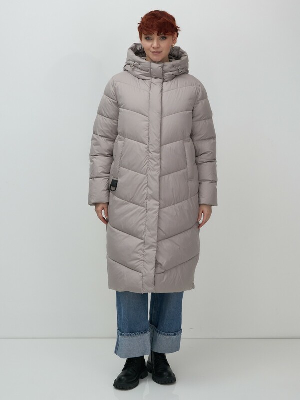 Пальто зимнее утепленное с капюшоном женское серого цвета 7623Sr