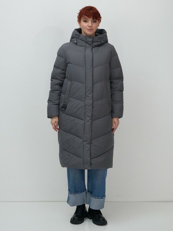 Пальто зимнее утепленное с капюшоном женское темно-серого цвета 7623TC