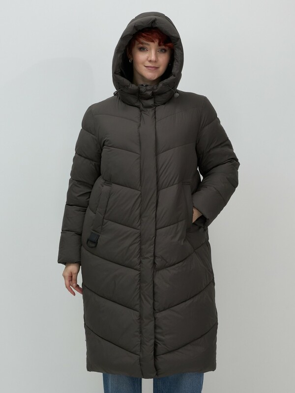 Пальто зимнее утепленное с капюшоном женское темно-коричневого цвета 7623TK