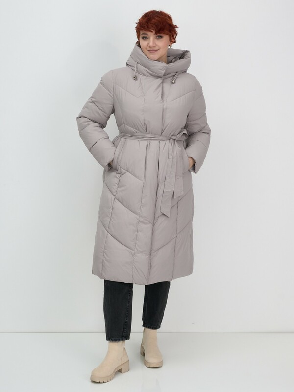 Пальто зимнее утепленное с капюшоном женское серого цвета 7628Sr