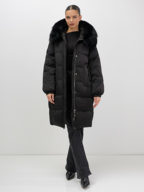 Пальто зимнее утепленное с мехом и капюшоном тренд черного цвета 7629Ch