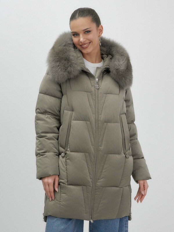 Пальто зимнее утепленное с мехом и капюшоном тренд коричневого цвета 7630K