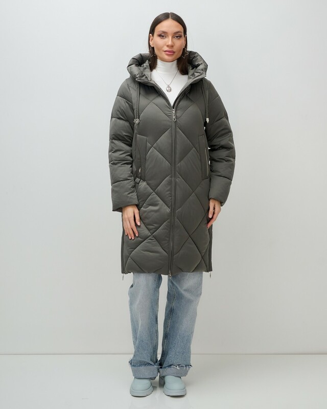 Пальто зимнее утепленное с капюшоном женское зеленого цвета 7637Z