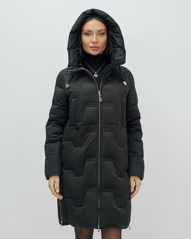 Пальто зимнее утепленное с капюшоном женское черного цвета 7638Ch