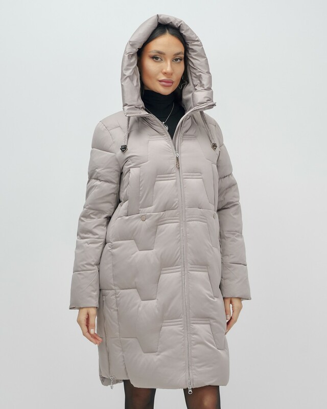 Пальто зимнее утепленное с капюшоном женское светло-коричневого цвета 7638SK