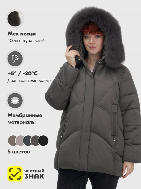 Куртка зимняя женская с мехом и капюшоном тренд темно-серого цвета 7656TC