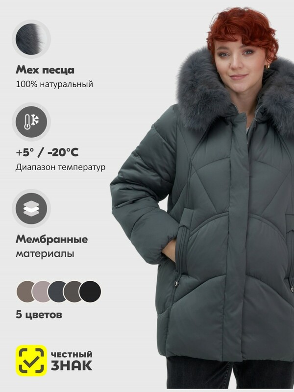 Куртка зимняя женская с мехом и капюшоном тренд темно-зеленого цвета 7656TZ