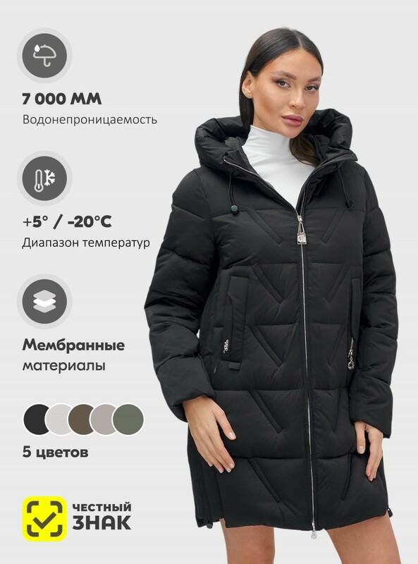 Куртка зимняя женская классическая с капюшоном черного цвета 7671Ch