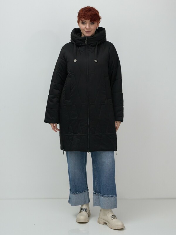 Пальто зимнее утепленное женское большого размера черного цвета 7699Ch