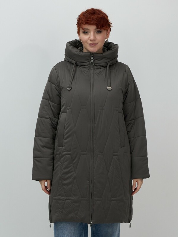 Пальто зимнее утепленное женское большого размера темно-серого цвета 7699TC