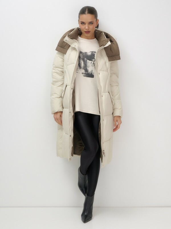 Пальто зимнее утепленное с капюшоном женское бежевого цвета 7709B