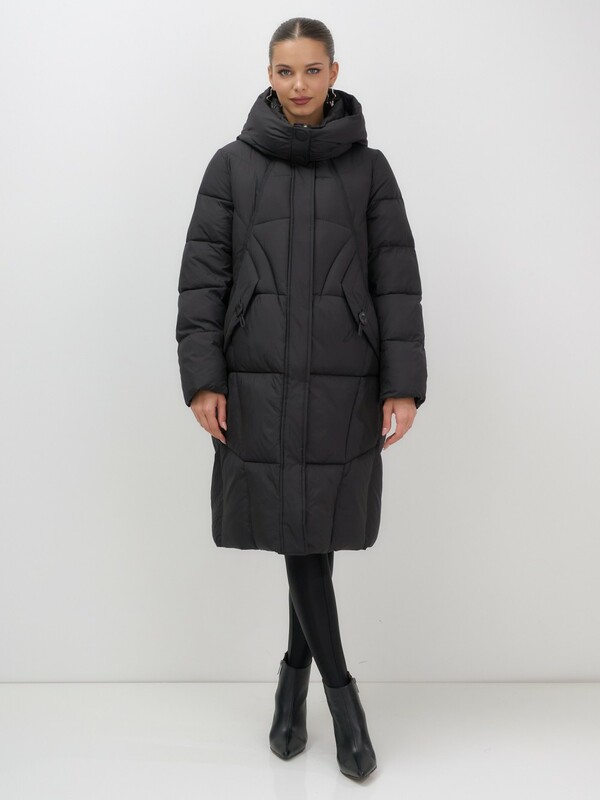 Пальто зимнее утепленное с капюшоном женское черного цвета 7709Ch