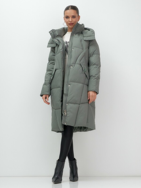 Пальто зимнее утепленное с капюшоном женское цвета хаки 7709Kh