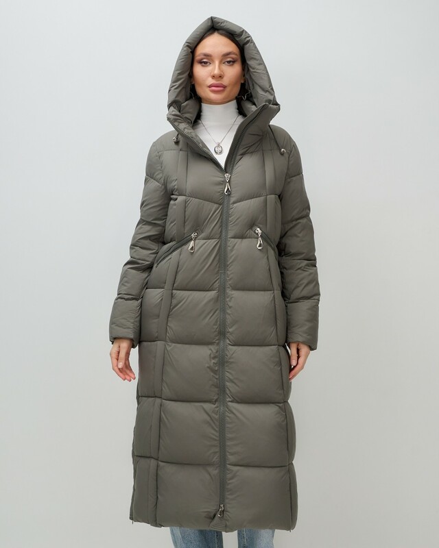 Пальто зимнее утепленное с капюшоном женское темно-серого цвета 7729TC