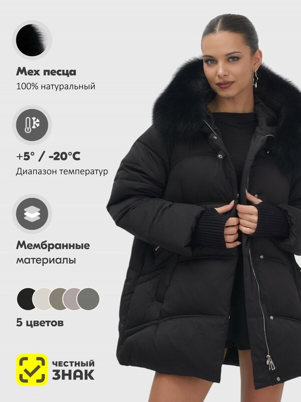 Куртка зимняя женская с мехом и капюшоном тренд черного цвета 7737Ch