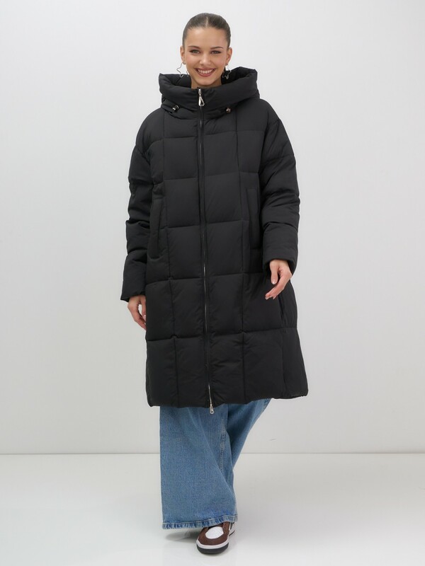 Пальто зимнее утепленное с капюшоном женское черного цвета 7741Ch