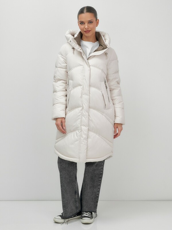 Пальто зимнее утепленное с капюшоном женское бежевого цвета 7747B