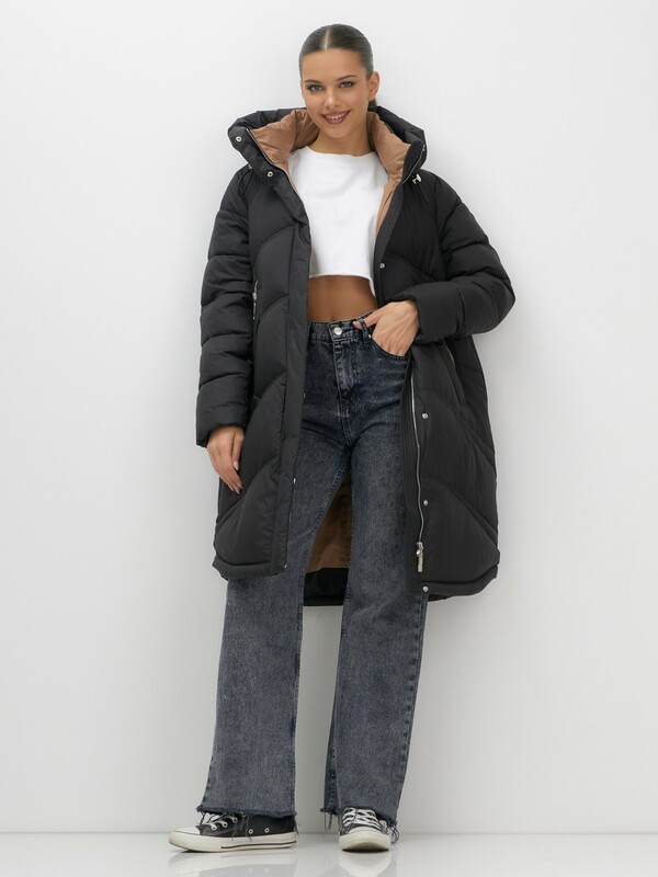 Пальто зимнее утепленное с капюшоном женское черного цвета 7747Ch