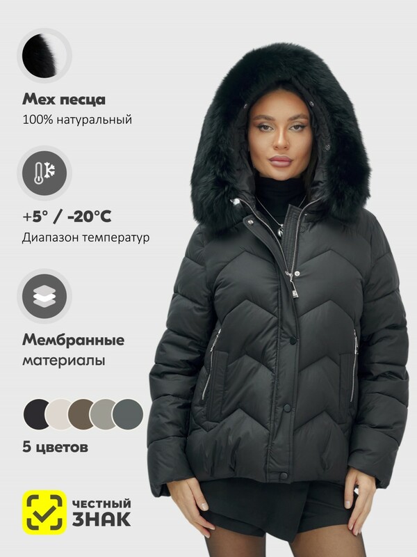 Куртка зимняя женская с мехом и капюшоном тренд черного цвета 7759Ch