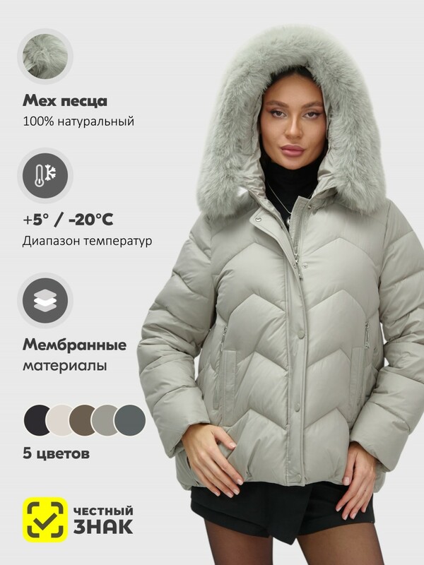 Куртка зимняя женская с мехом и капюшоном тренд светло-зеленого цвета 7759ZS