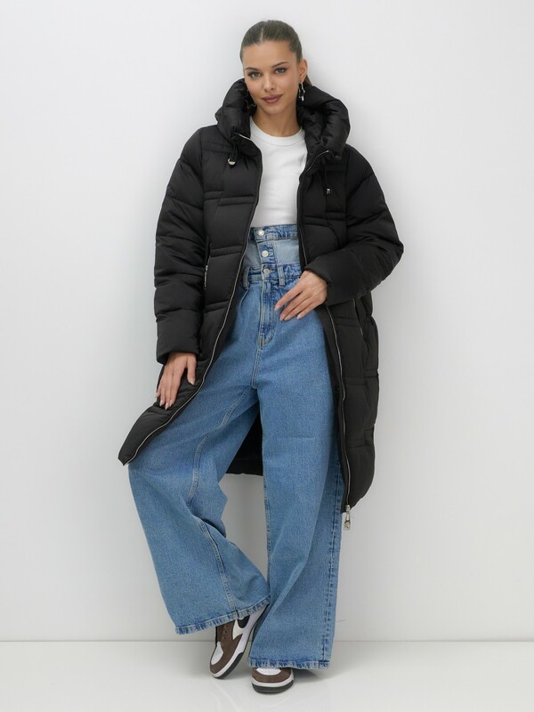 Пальто зимнее утепленное с капюшоном женское черного цвета 7779Ch