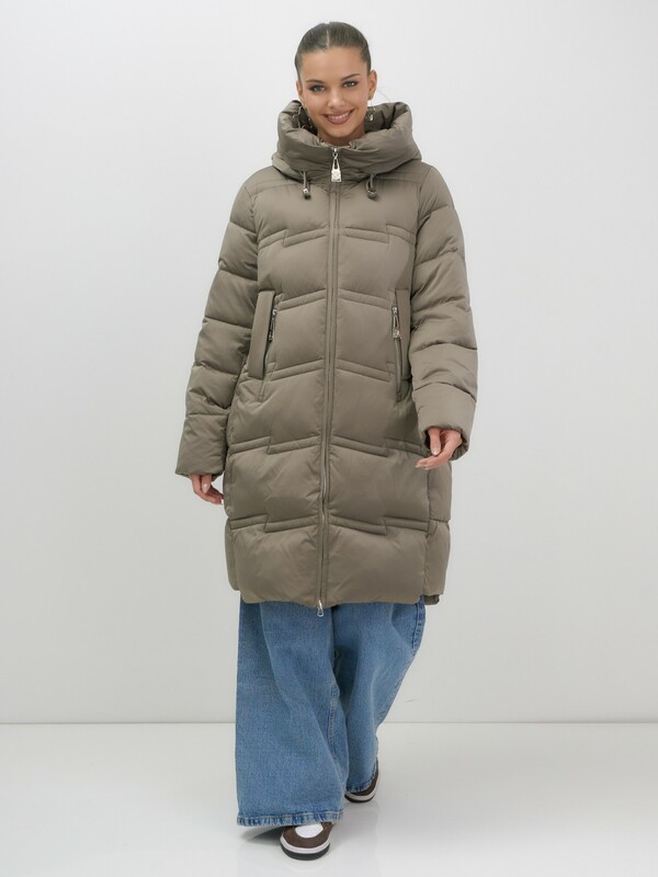 Пальто зимнее утепленное с капюшоном женское светло-коричневого цвета 7779SK
