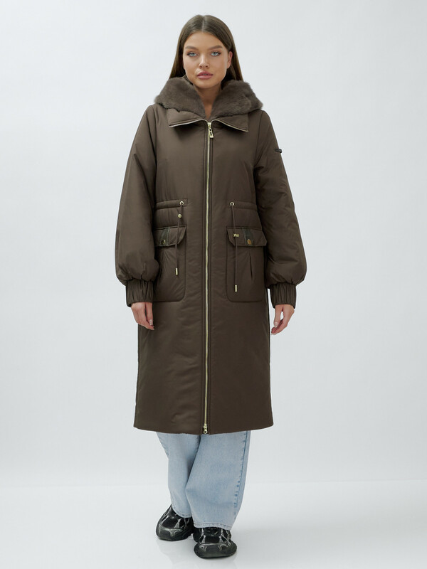 Пальто зимнее женское стильное с норкой люкс класса коричневого цвета 8628K