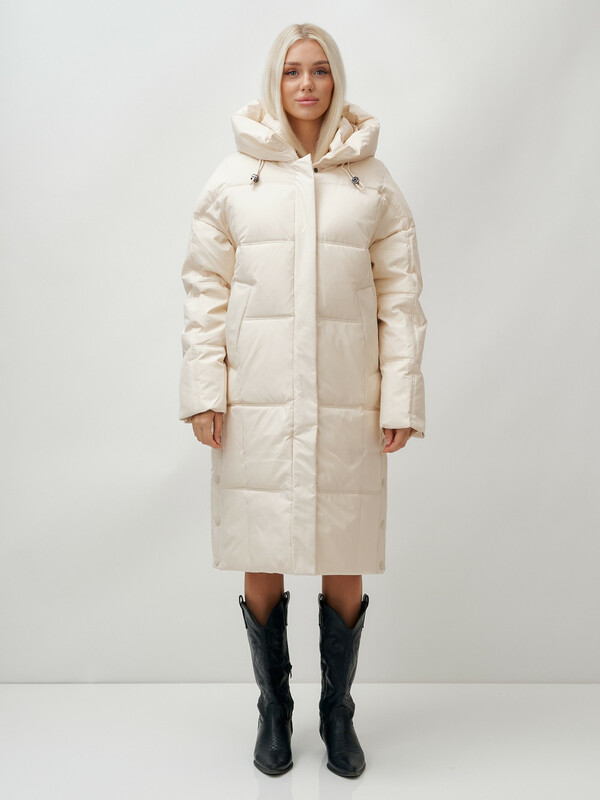 Пальто летучая мышь женское с капюшоном зимнее бежевого цвета 9619B