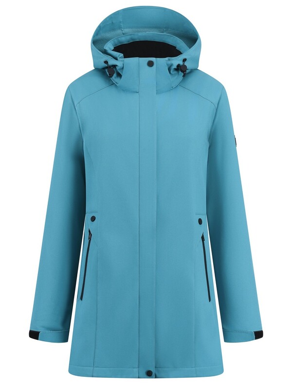 Парка женская софтшелл виндстоппер удлинённая с капюшоном бирюзового цвета 9614_1Br