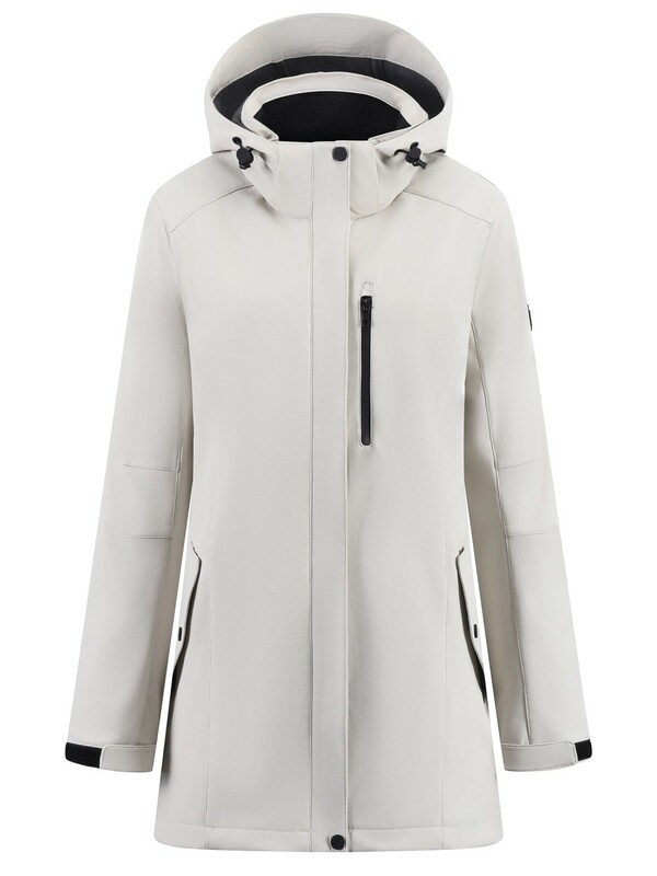 Парка женская софтшелл виндстоппер удлинённая с капюшоном белого цвета 9618_1Bl