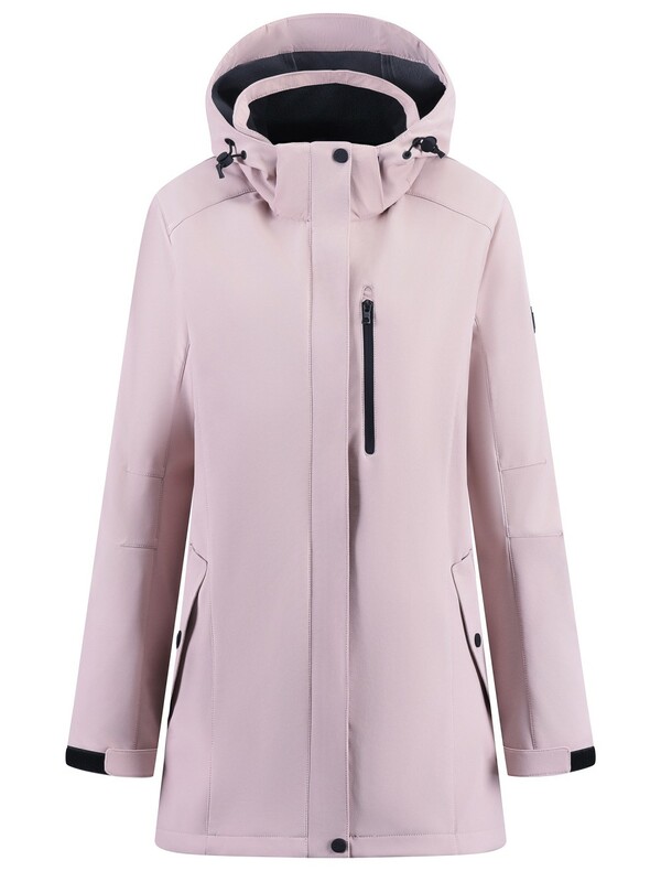 Парка женская софтшелл виндстоппер удлинённая с капюшоном розового цвета 9618_1R