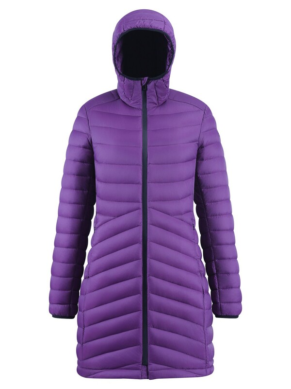 Куртка женская удлинённая стёганая с капюшоном и графеновой подкладкой фиолетового цвета 9628_1F