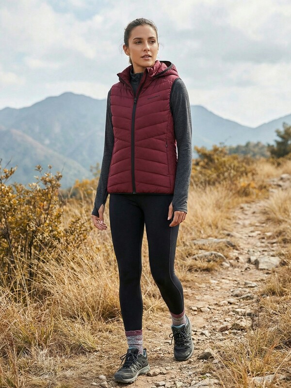 Женский лёгкий стёганый жилет Valianly с капюшоном бордового цвета 9636_2Bo