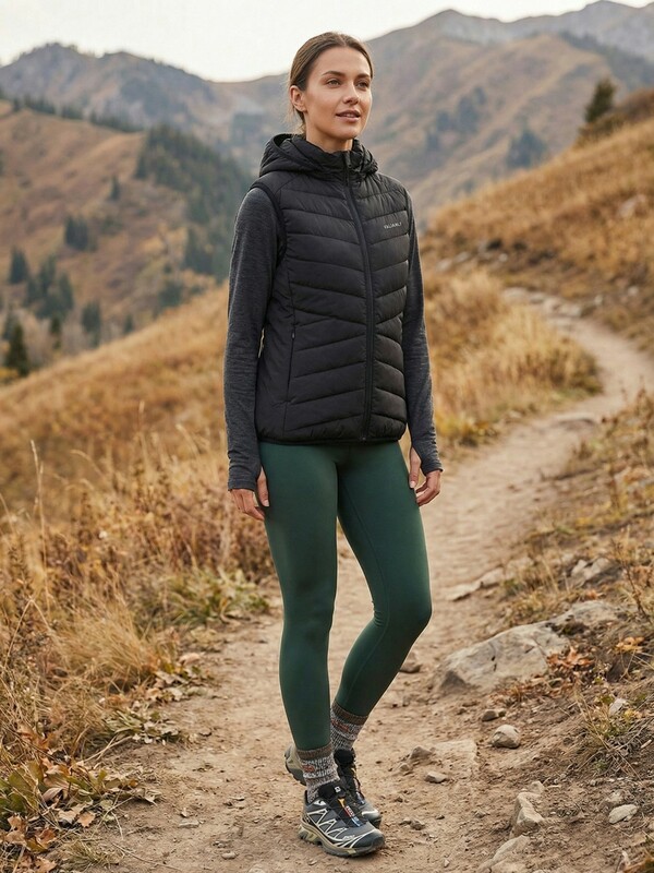 Женский лёгкий стёганый жилет Valianly с капюшоном черного цвета 9636_2Ch